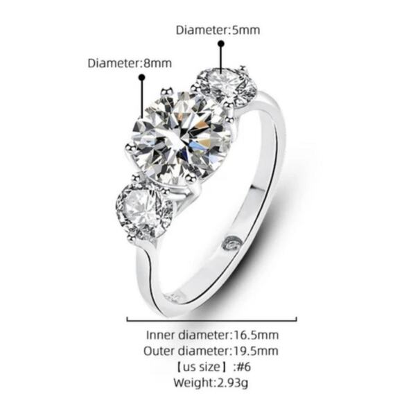 Three Stones 925 Silver 2ct Moissanite Cubic Zirconia Ring Size 9 - Picture 10 of 10